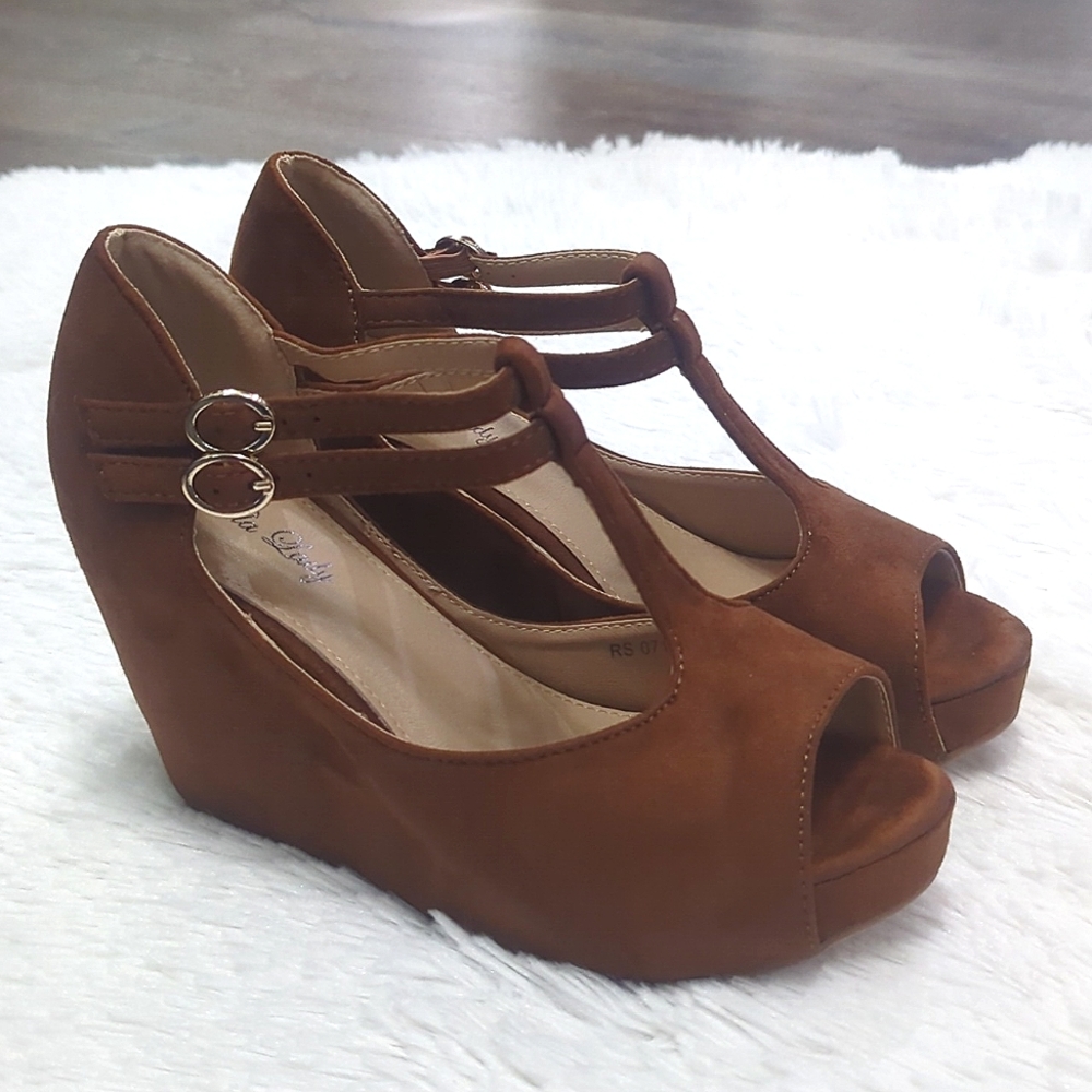 MILA LADY Faux Suede Platform Peep Toe Shoes